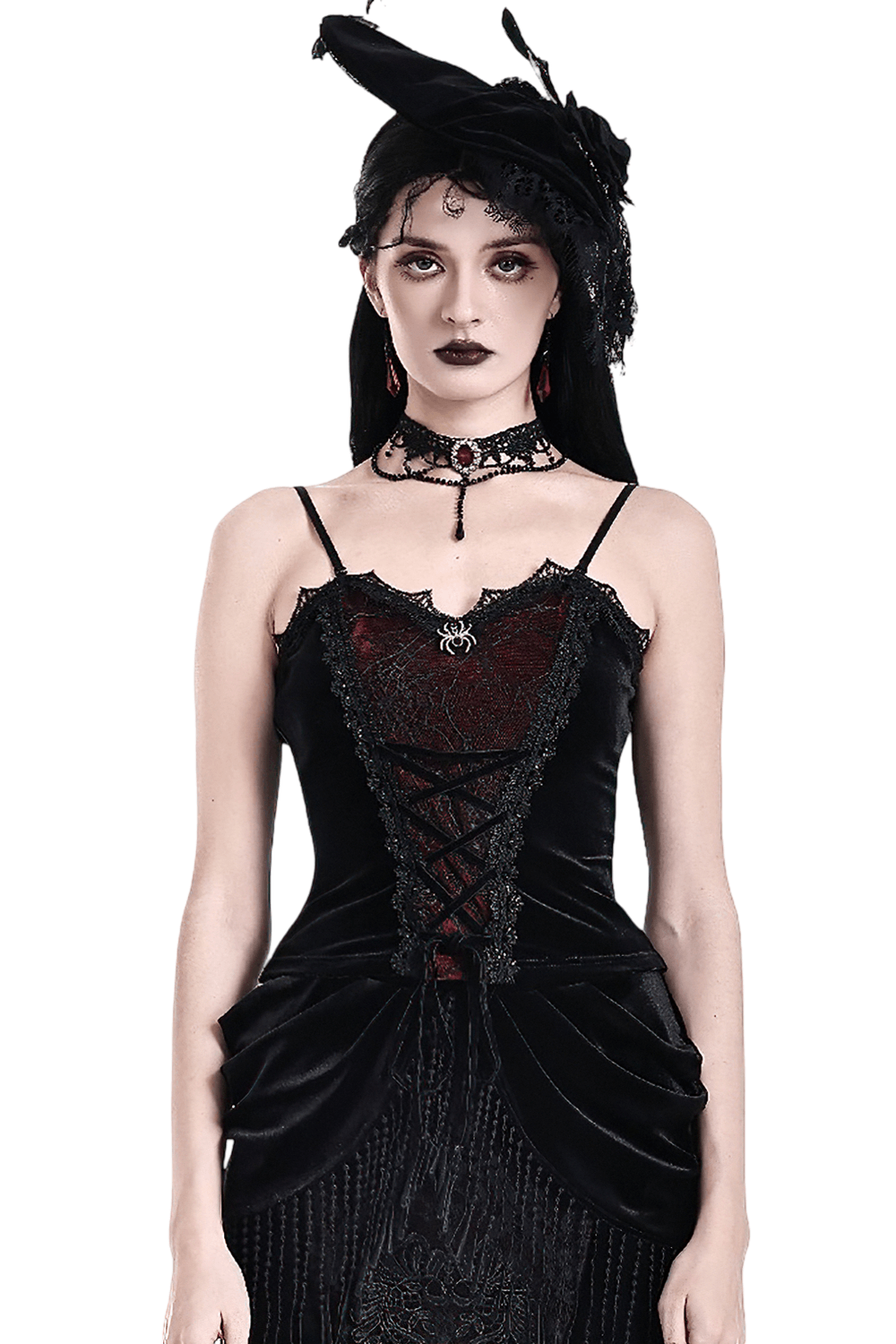 Gothic Velvet Corset Top with Spiderweb Lace and Charm, black vampire cami with lace trim and spider charm