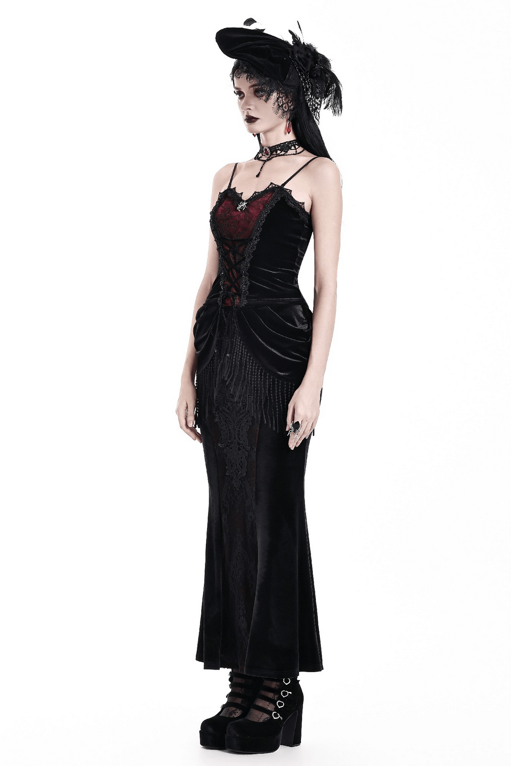 Gothic Velvet Corset Top with Spiderweb Lace and Charm, dark vampire-style cami with lace trim and spider charm