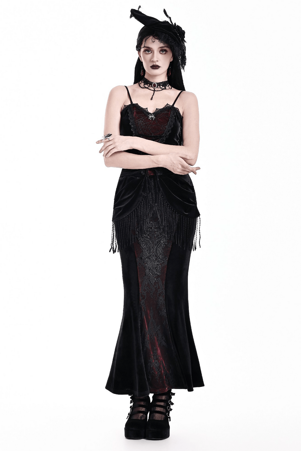 Gothic Velvet Corset Top with Spiderweb Lace and Charm on model, dark romantic black velvet cami with spider charm