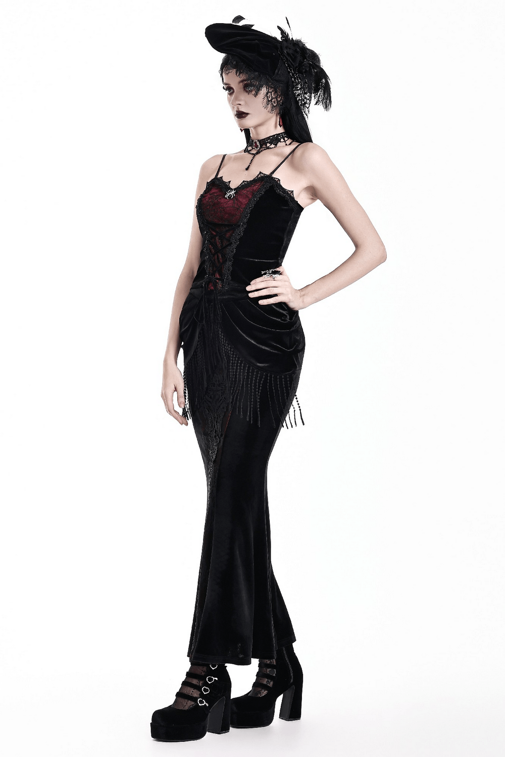 Gothic Velvet Corset Top with Spiderweb Lace and Charm, vampire-style black and red fitted cami with lace trim