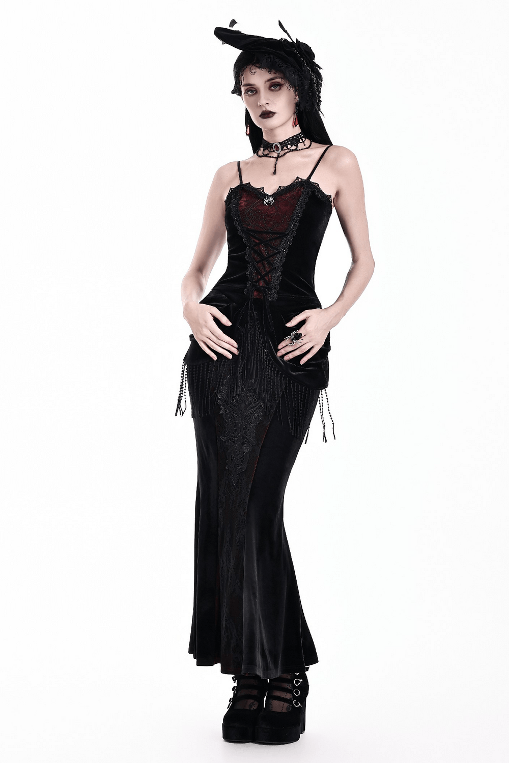 Gothic Velvet Corset Top with Spiderweb Lace and Charm, vampy black velvet cami with spider charm and lace trim