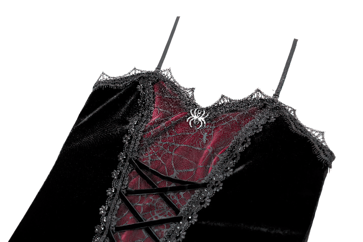 Gothic Velvet Corset Top with Spiderweb Lace and Charm, black velvet camisole with red spiderweb lace and spider charm