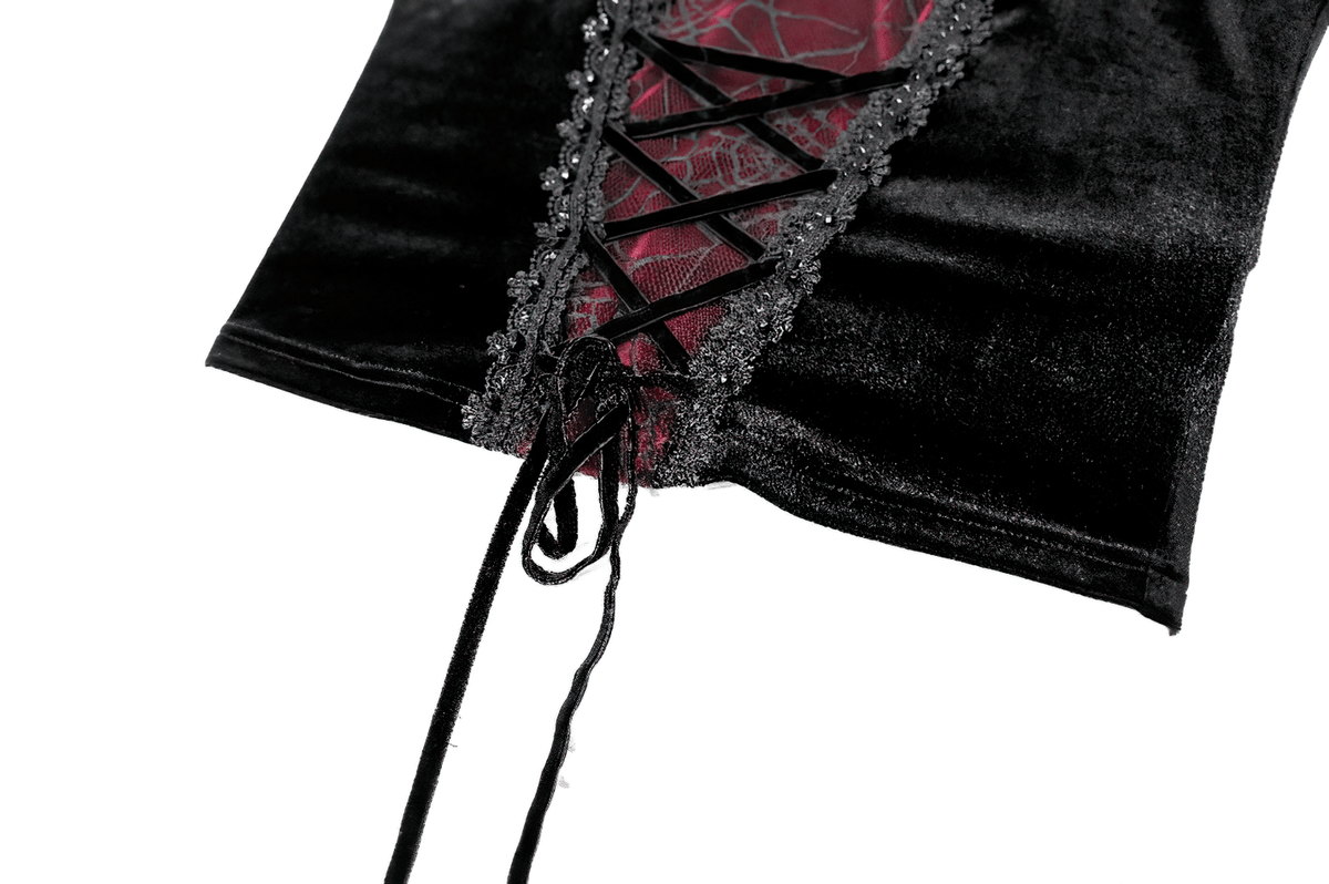 Gothic Velvet Corset Top with Spiderweb Lace and Charm black velvet cami with spiderweb lace and ribbon lacing
