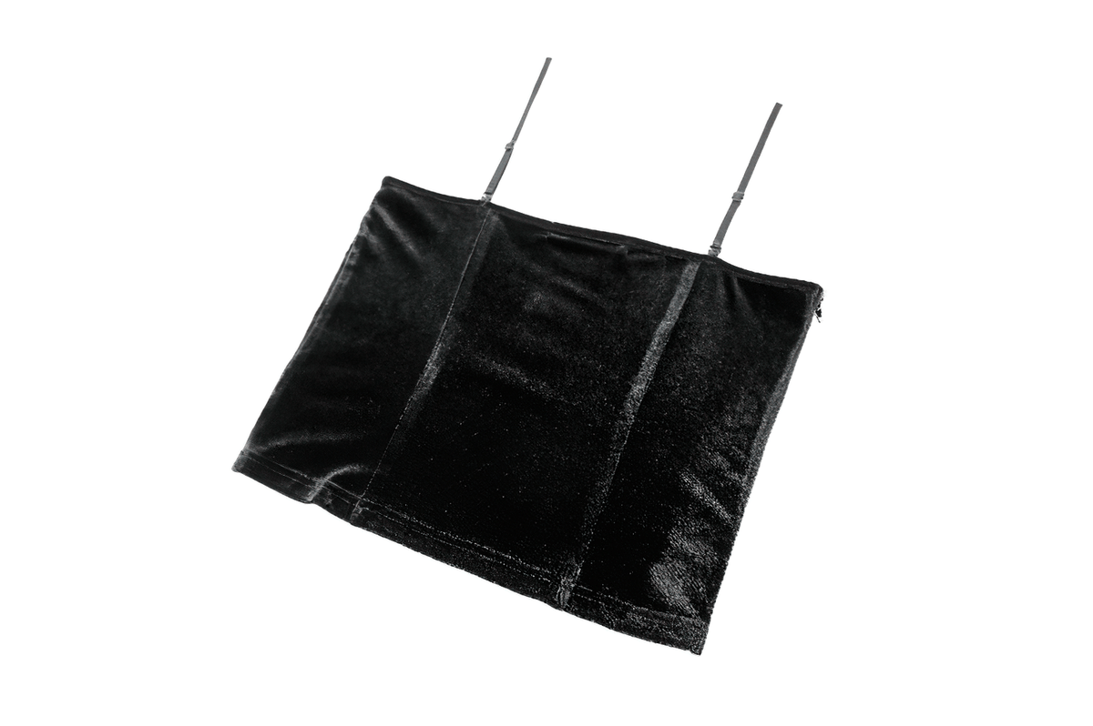 Gothic Velvet Corset Top with Spiderweb Lace and Charm, black velvet cami with adjustable straps and dark romance vibe