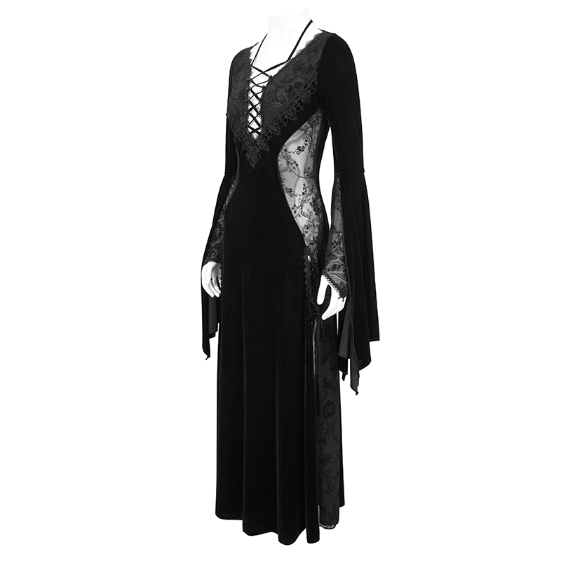 Gothic velvet dress with floral embroidery and flared sleeves, showcasing elegance and style for women's fashion.