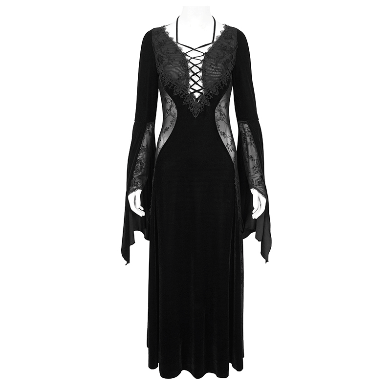 Gothic velvet dress with floral embroidery, flared sleeves, and lace-up front for a dramatic silhouette.