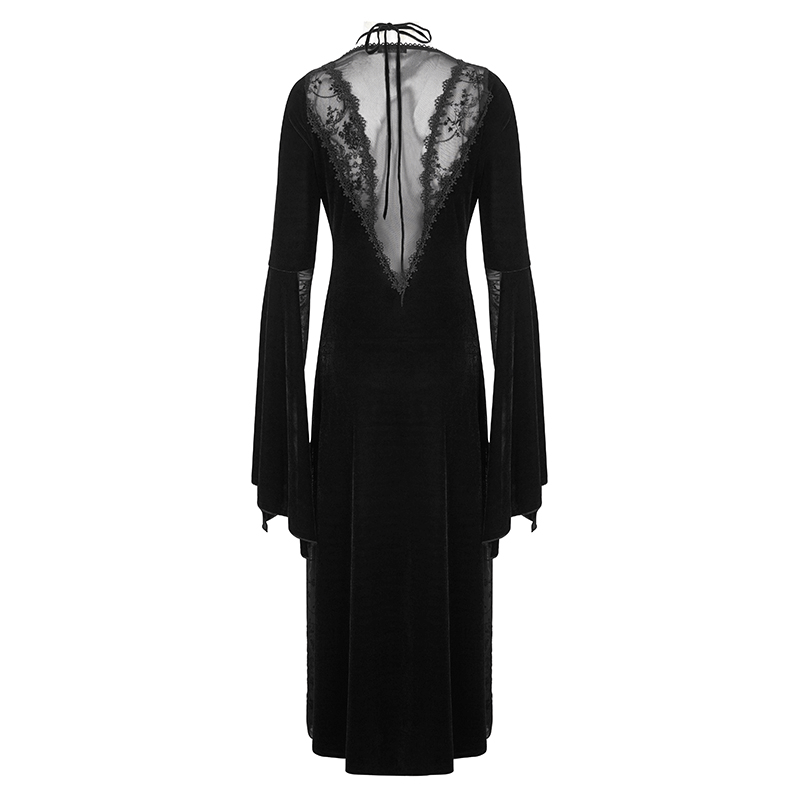 Back view of a gothic velvet dress featuring floral embroidery and dramatic flared sleeves, perfect for elegant evenings.