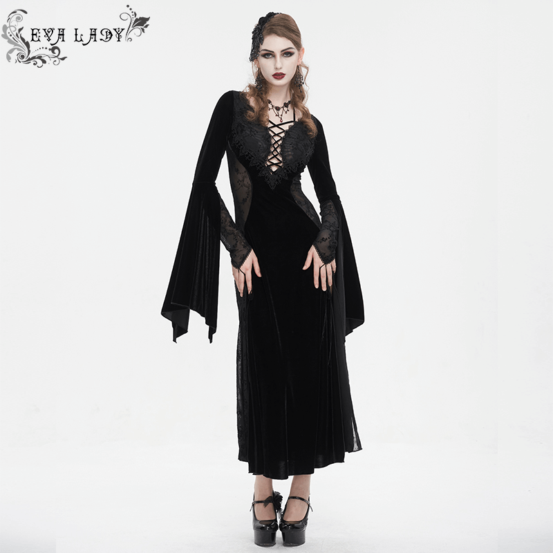 Gothic velvet dress with floral embroidery, flared sleeves, and elegant lace-up detail.