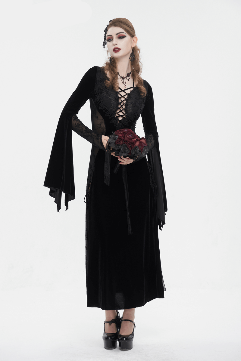 Gothic velvet dress with floral embroidery, flared sleeves, and a dramatic silhouette, perfect for dark romance.