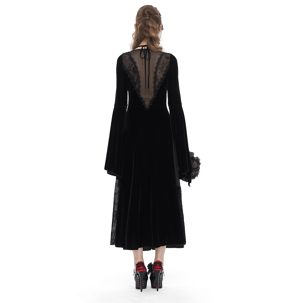 Gothic Velvet Dress with Floral Embroidery on Chest and Flared Sleeves - HARD'N'HEAVY