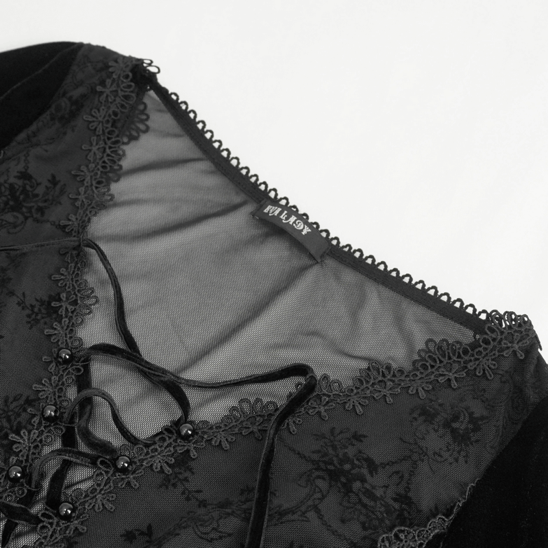 Gothic velvet dress neckline featuring intricate floral lace and elegant lace-up detail