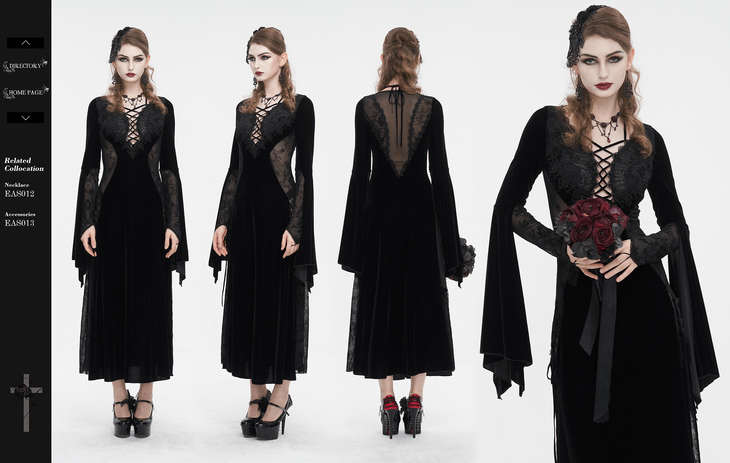 Gothic velvet dress with floral embroidery and flared sleeves, exuding elegance and dark romanticism.