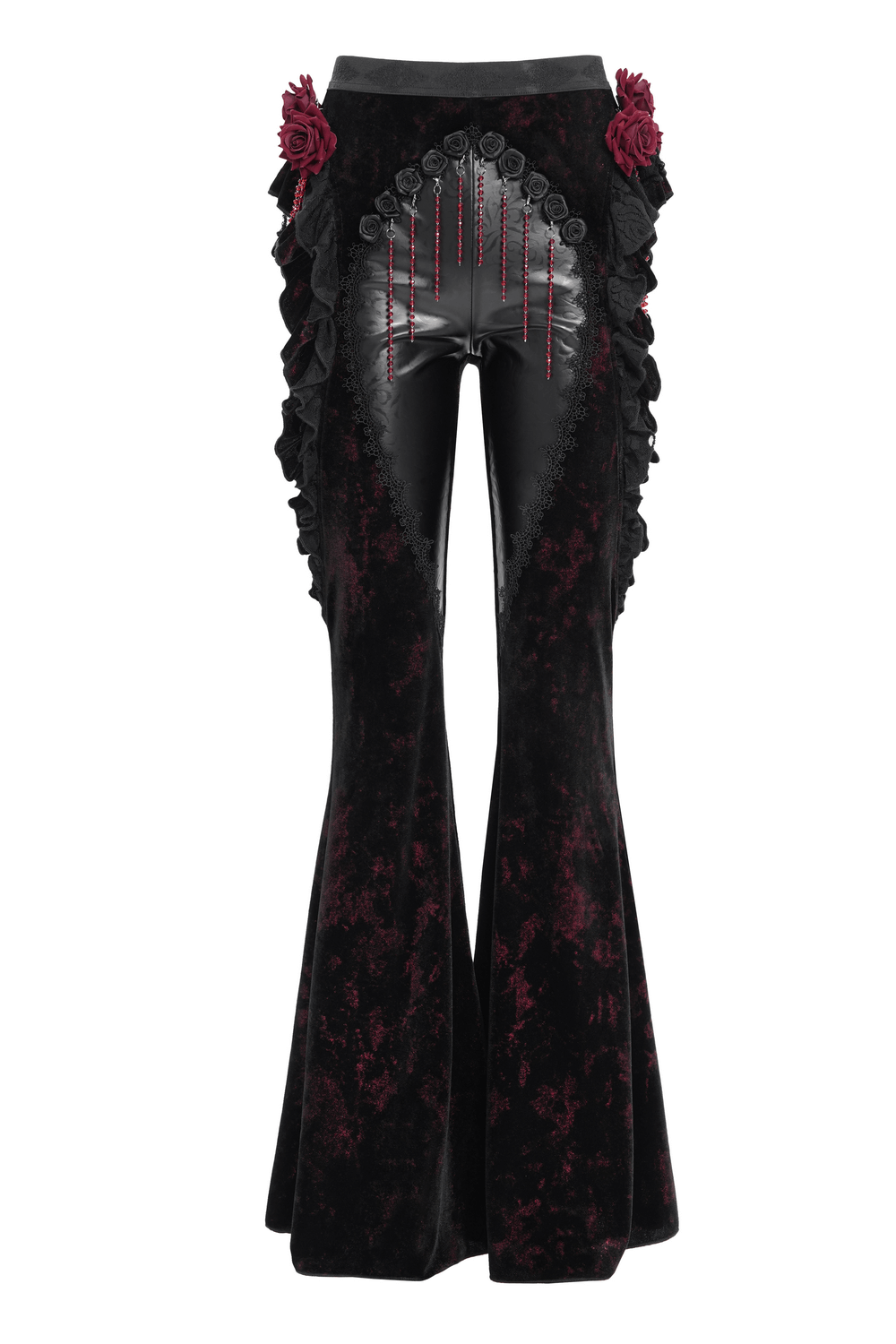 Gothic velvet flare pants with rose appliqués and faux leather detail, showcasing dramatic ruffles and bead accents.