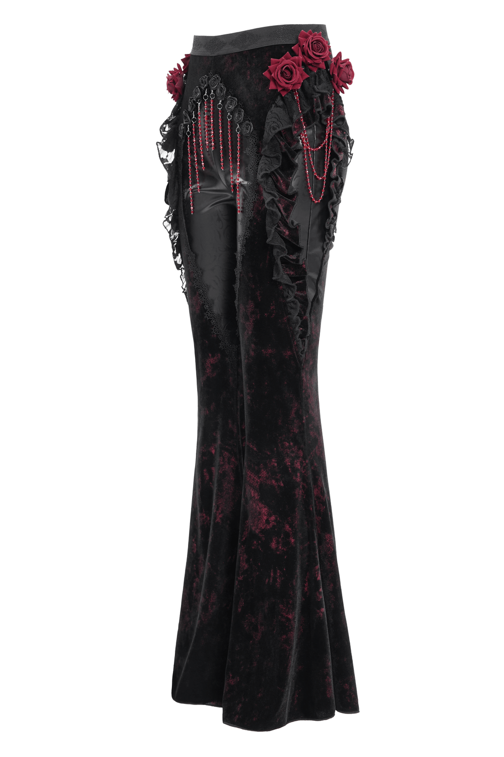 Gothic velvet flare pants with rose appliqués and leather detail, featuring dramatic ruffles and cascading beads.
