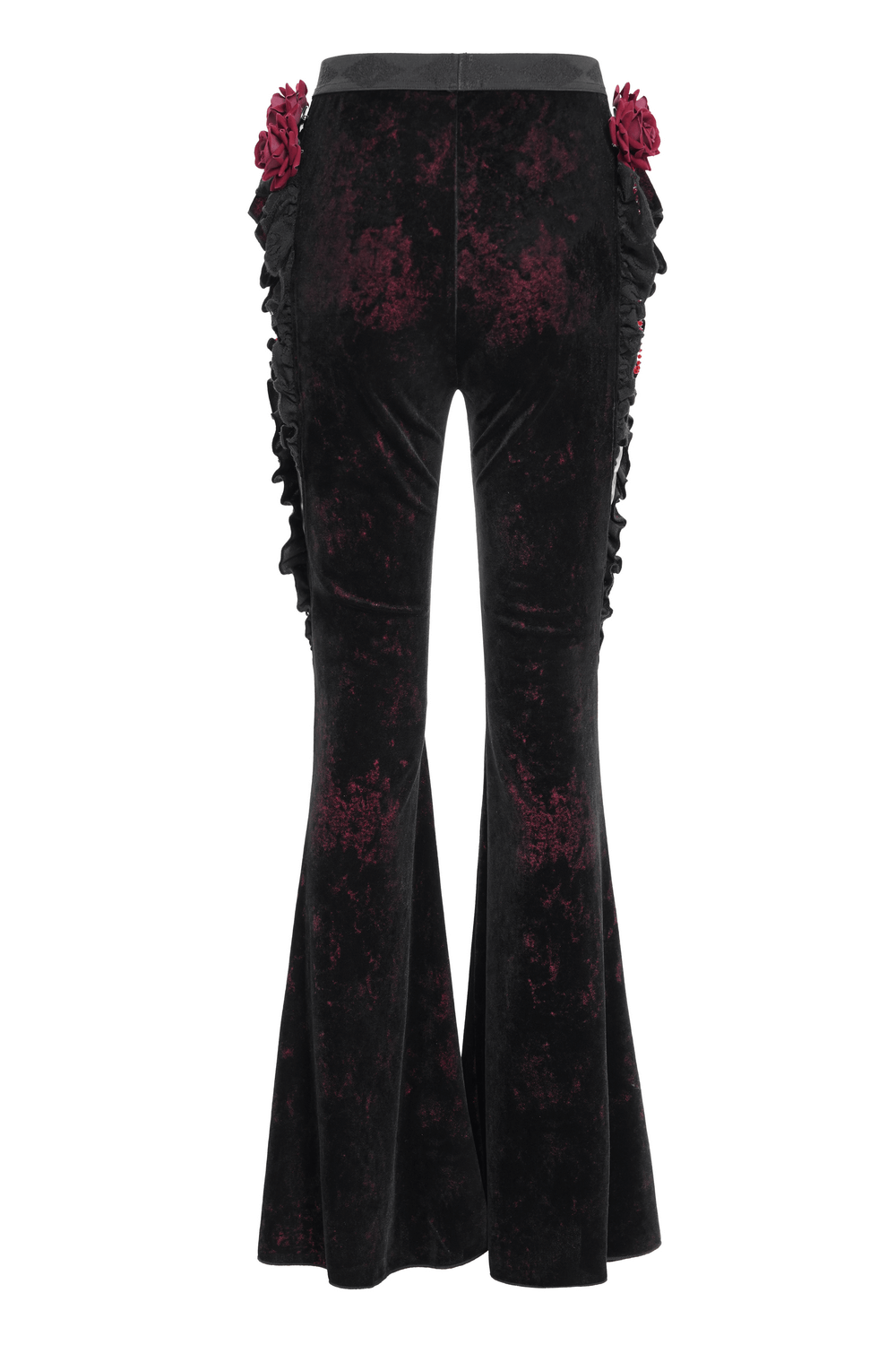 Gothic velvet flare pants with rose appliqués and ruffles, showcasing a dark romantic style from the back.