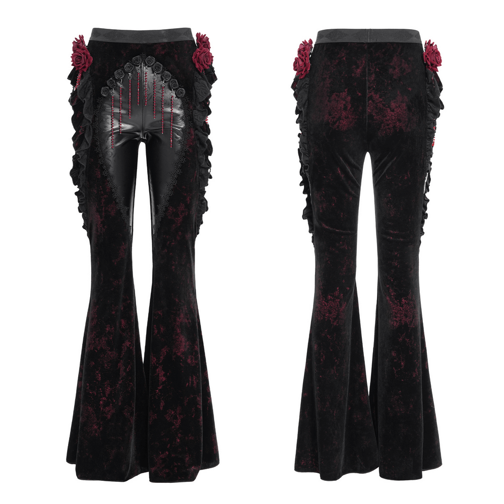 Gothic velvet flare pants with rose appliqués and faux leather detailing, perfect for dark romantic fashion.