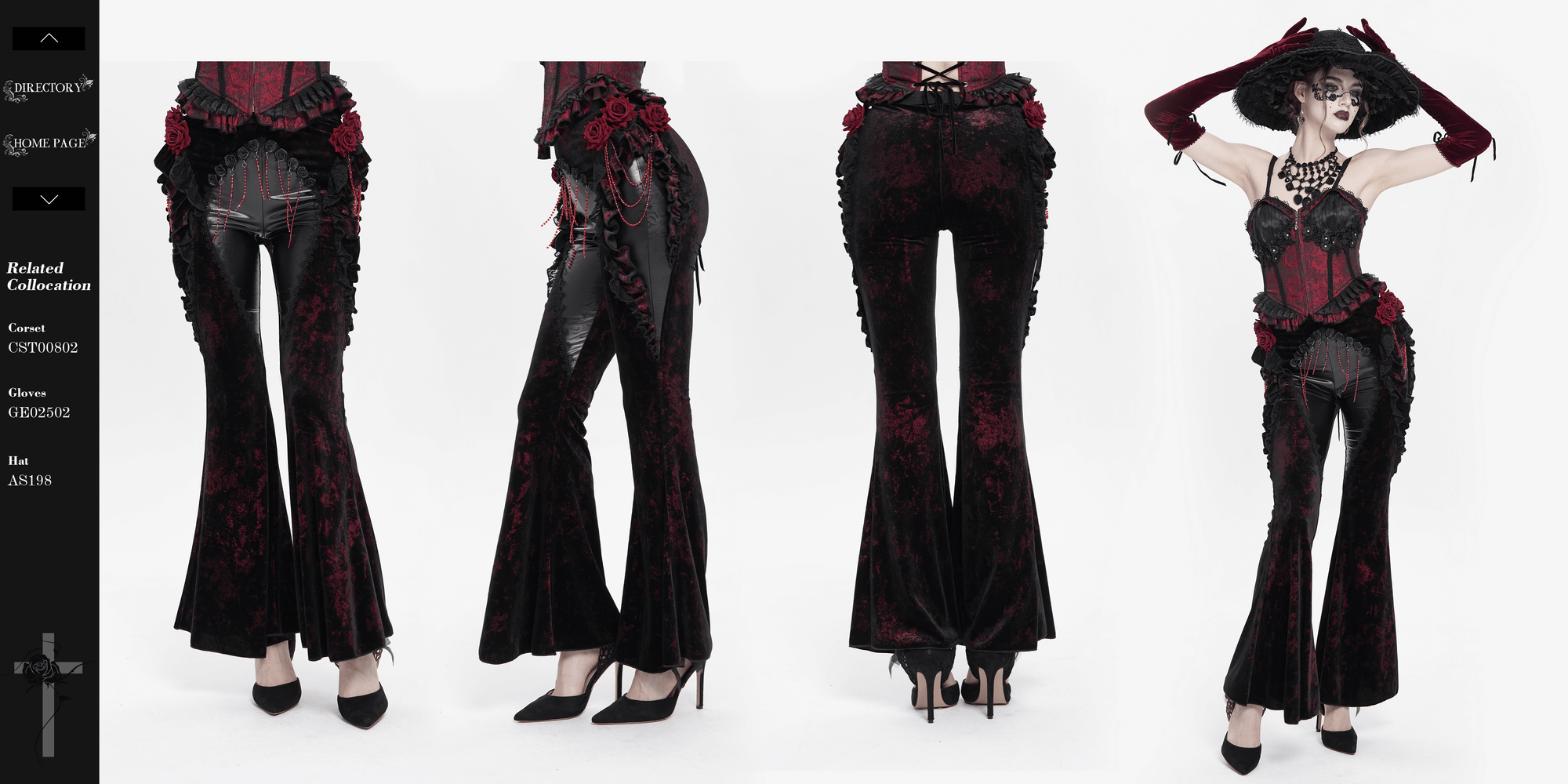 Gothic velvet flare pants with rose appliqués and leather details, showcasing dark romantic style and unique design.
