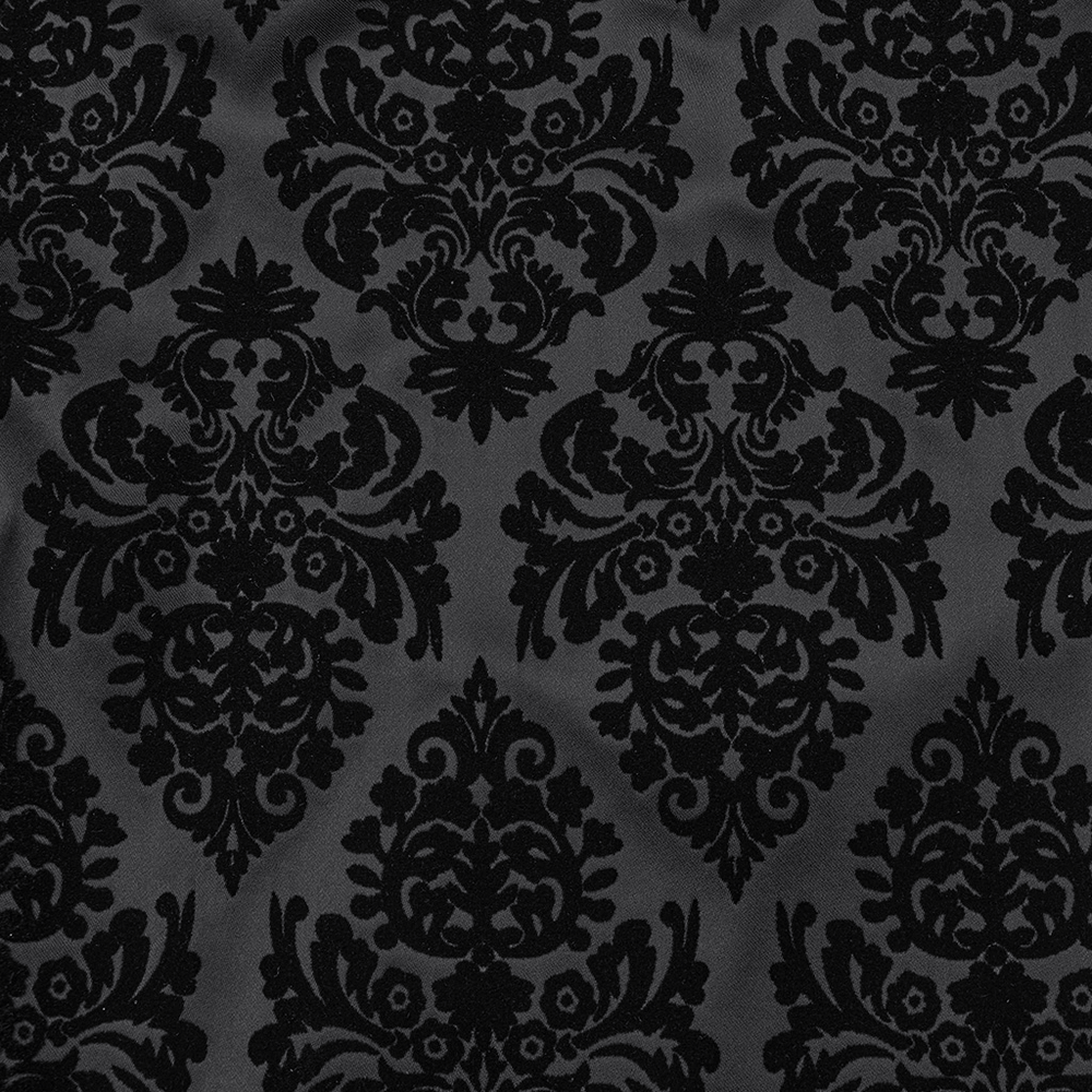 Black velvet flocking fabric featuring intricate gothic floral pattern, perfect for elegant outfit designs.