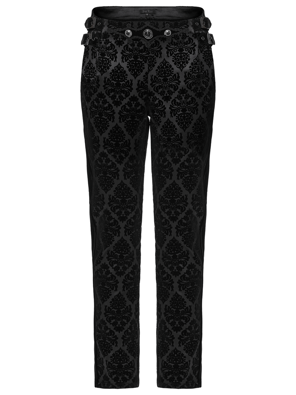 Gothic velvet suit pants in black with gemstone buckles, featuring ornate floral flocking and adjustable waist.