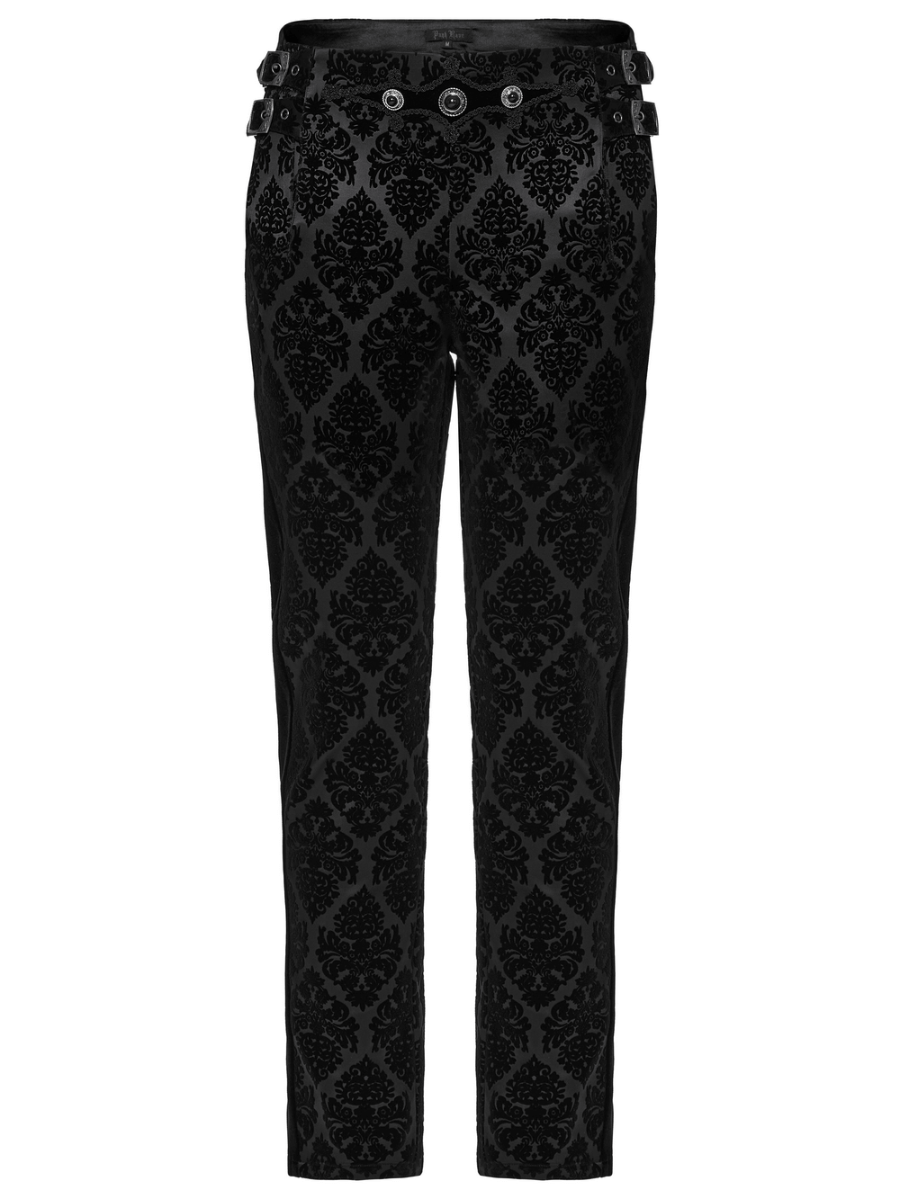 Gothic velvet flocking suit pants with gemstone buckles, featuring floral pattern and adjustable waist.