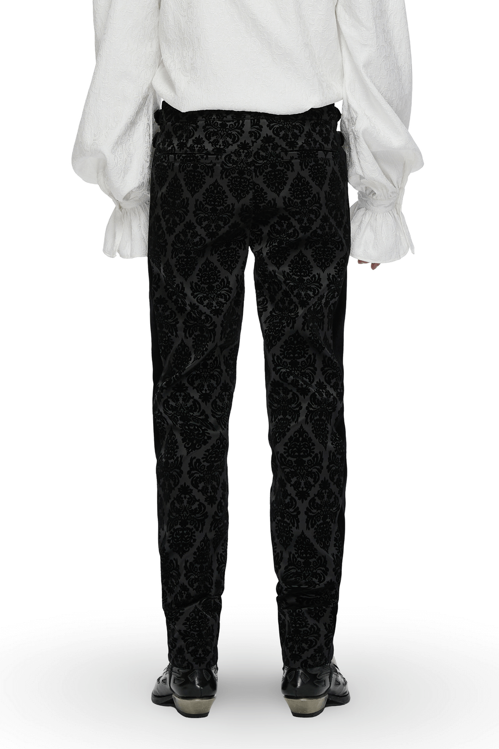 Back view of Gothic Velvet Flocking Pants with intricate design and gemstone buckles, perfect for edgy fashion.