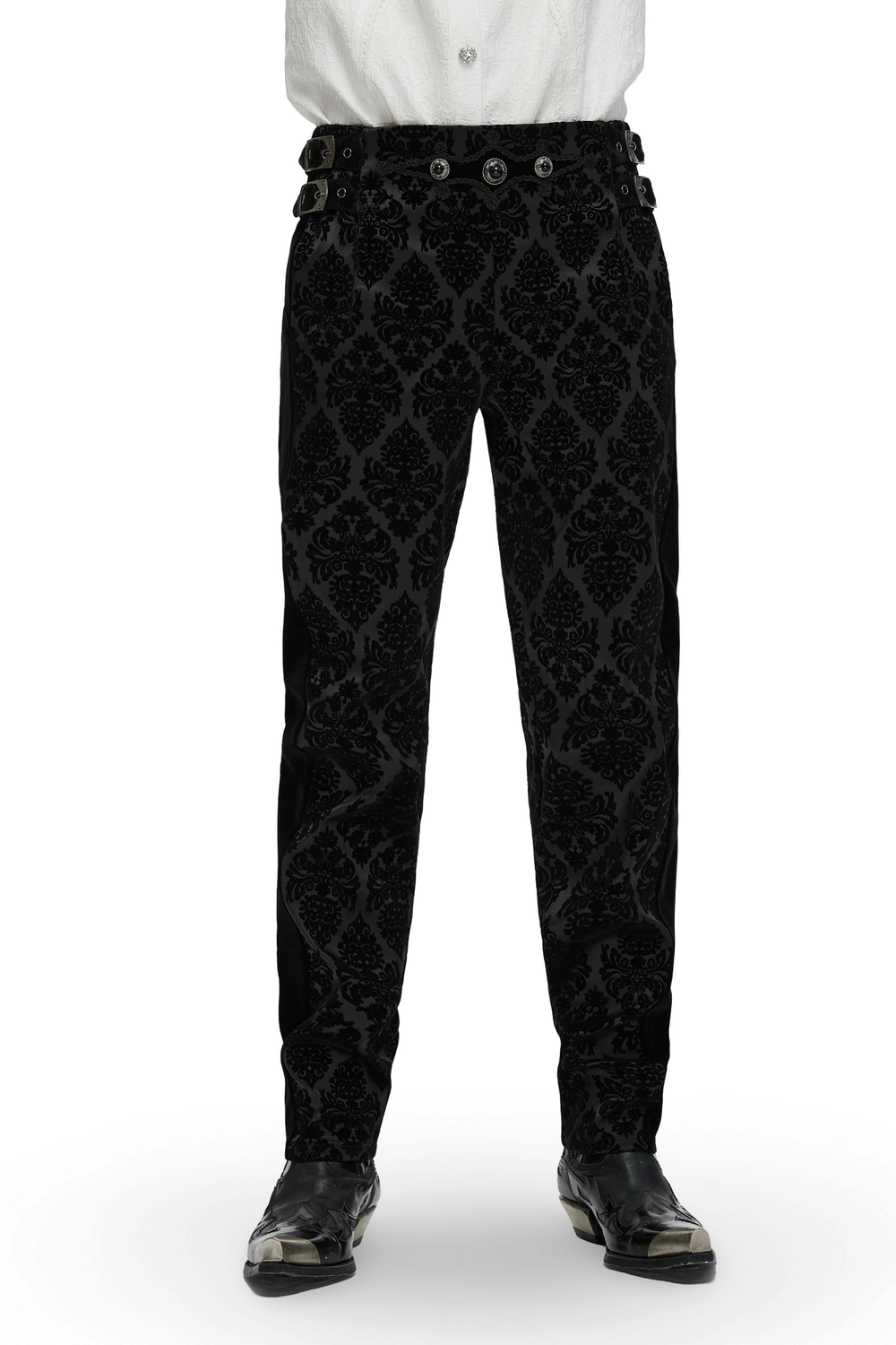 Gothic velvet flocking suit pants featuring gemstone buckles and adjustable waist in elegant black.