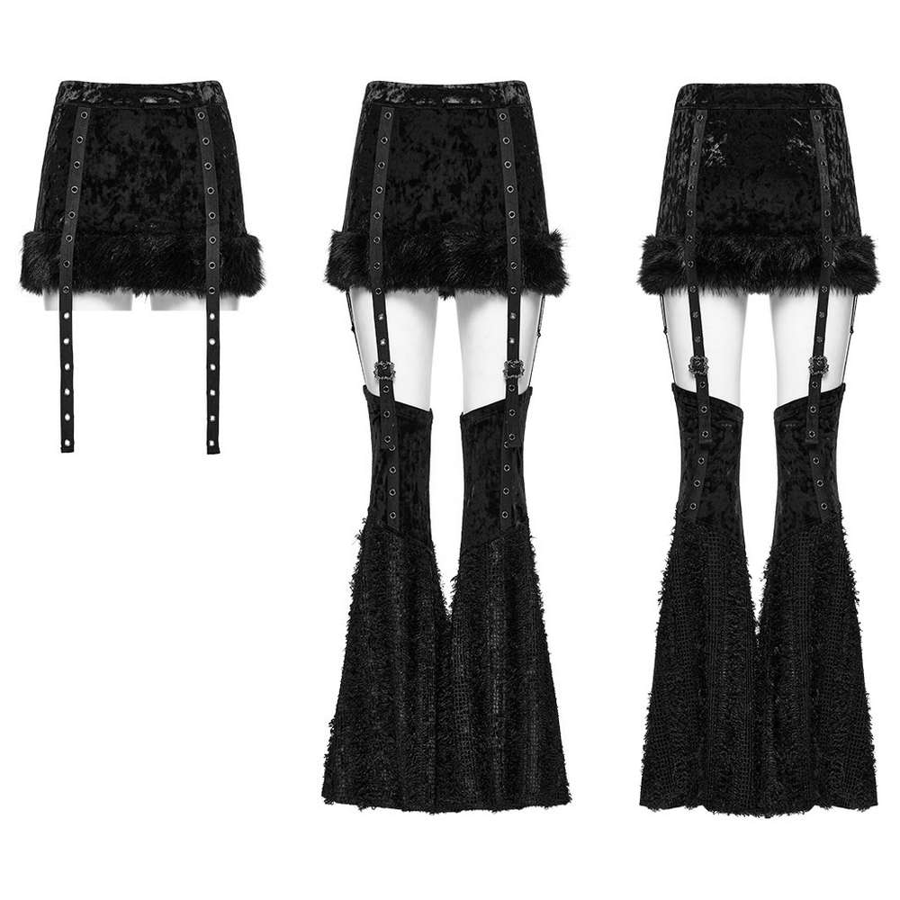 Gothic velvet skirt-pants set with fur trim and detachable flare, featuring buckles and straps for an edgy look.