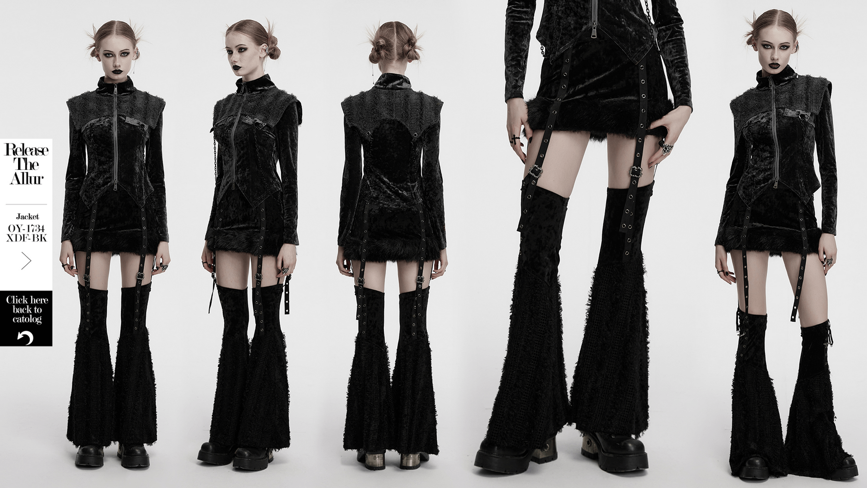 Gothic velvet skirt and detachable flare pants set with straps and buckles, edgy two-piece design for a bold look.