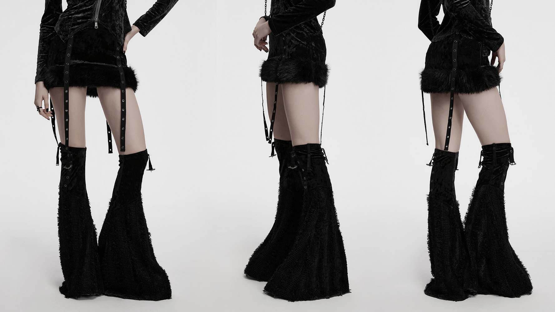 Gothic velvet skirt and detachable flare pants set with fur trim and edgy straps for a stylish statement.
