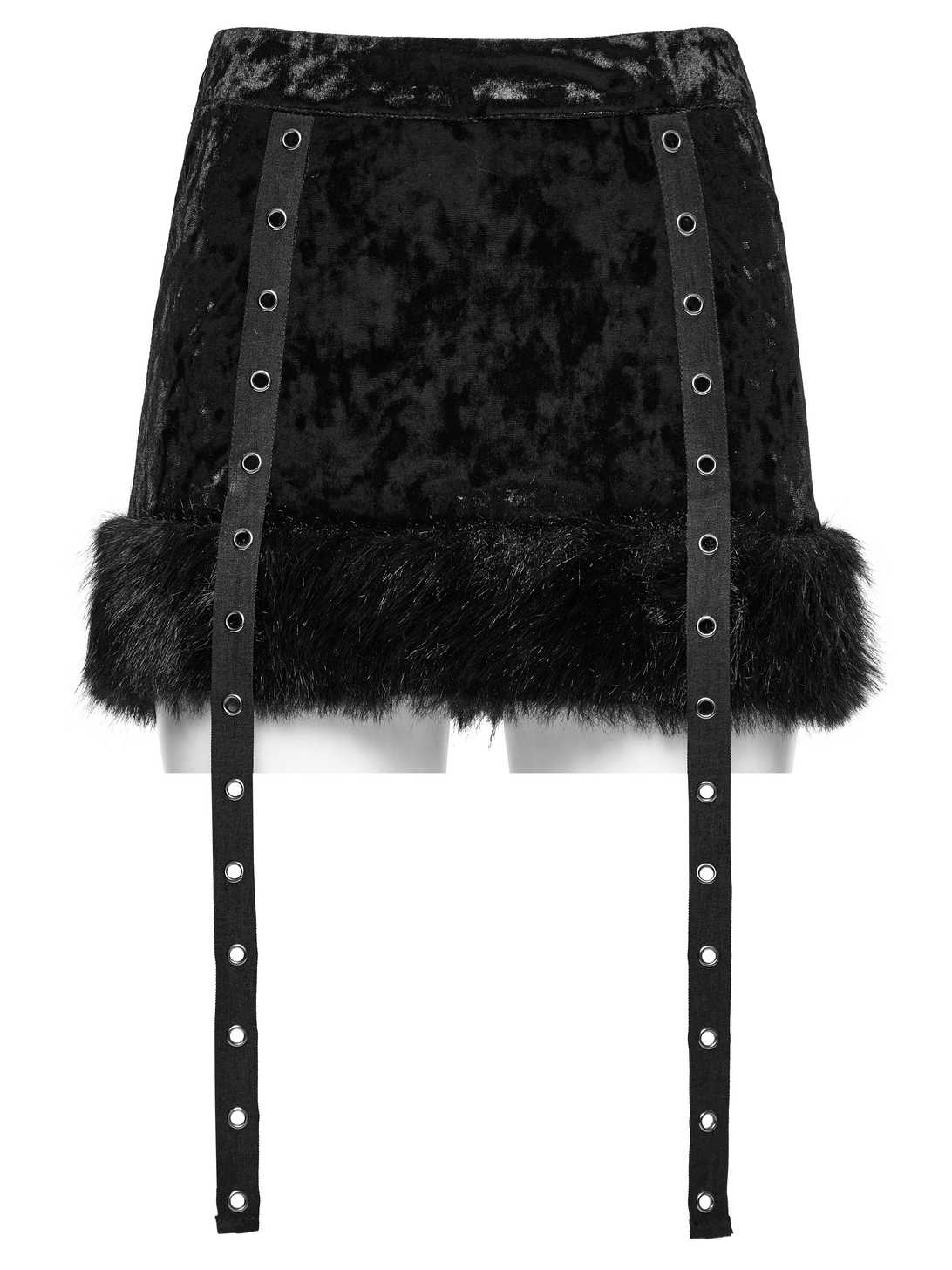 Gothic velvet skirt with fur trim and straps, ideal for an edgy two-piece ensemble. Shop the edgy look now!