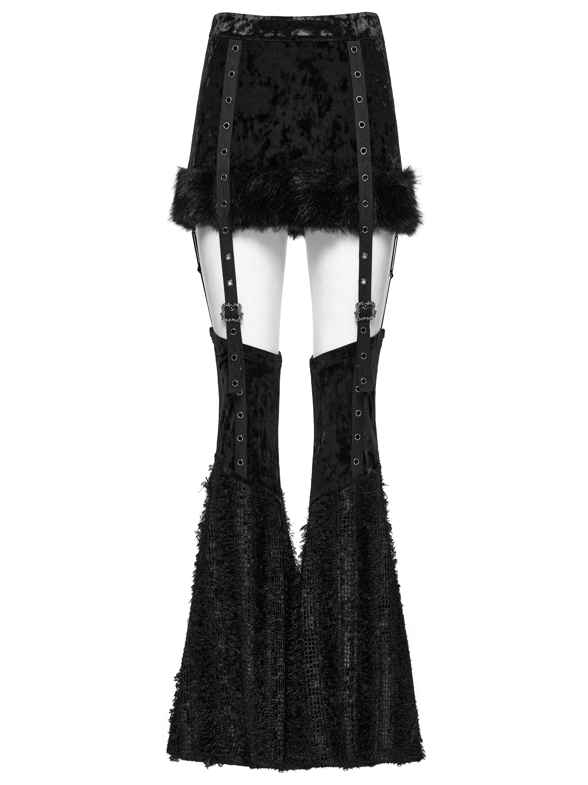 Gothic velvet skirt with detachable flare pants featuring fur trim and straps, perfect for edgy fashion lovers.