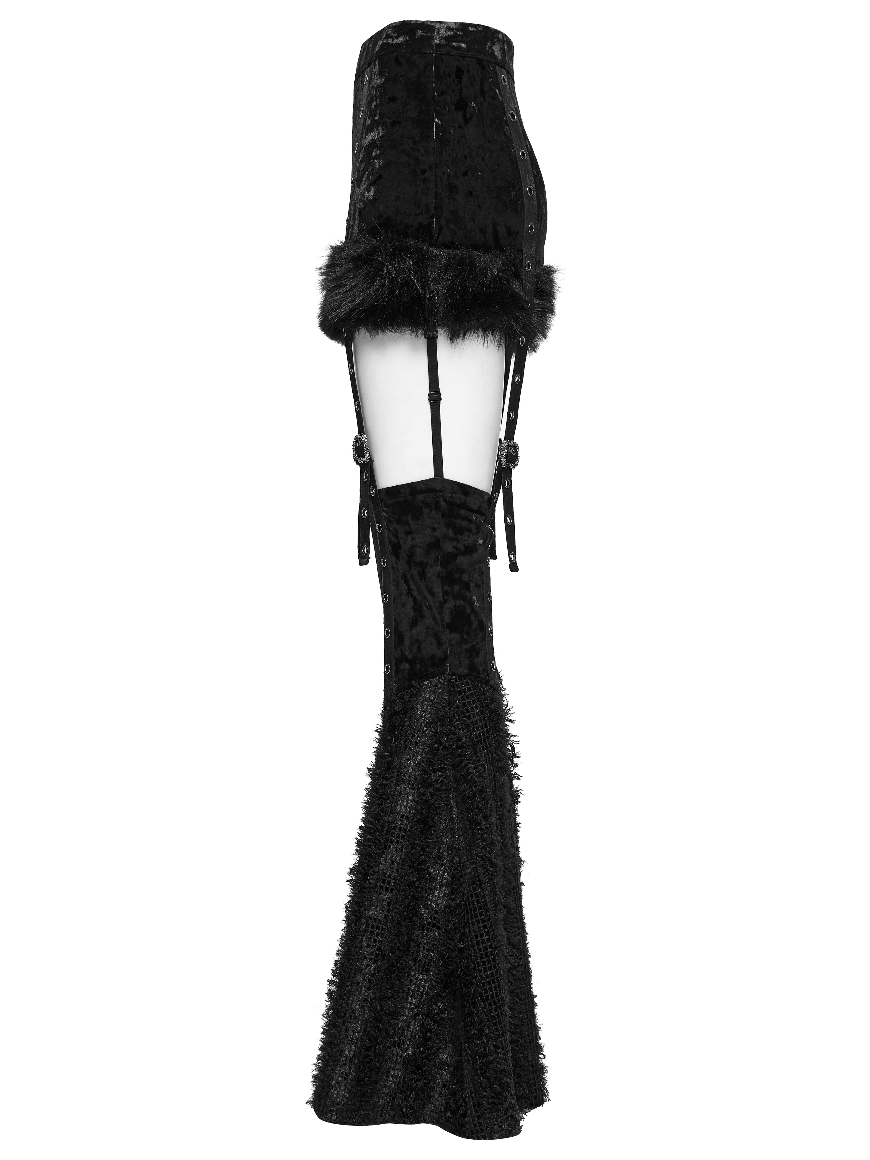 Gothic velvet skirt with detachable flare pants featuring fur trim and edgy straps.