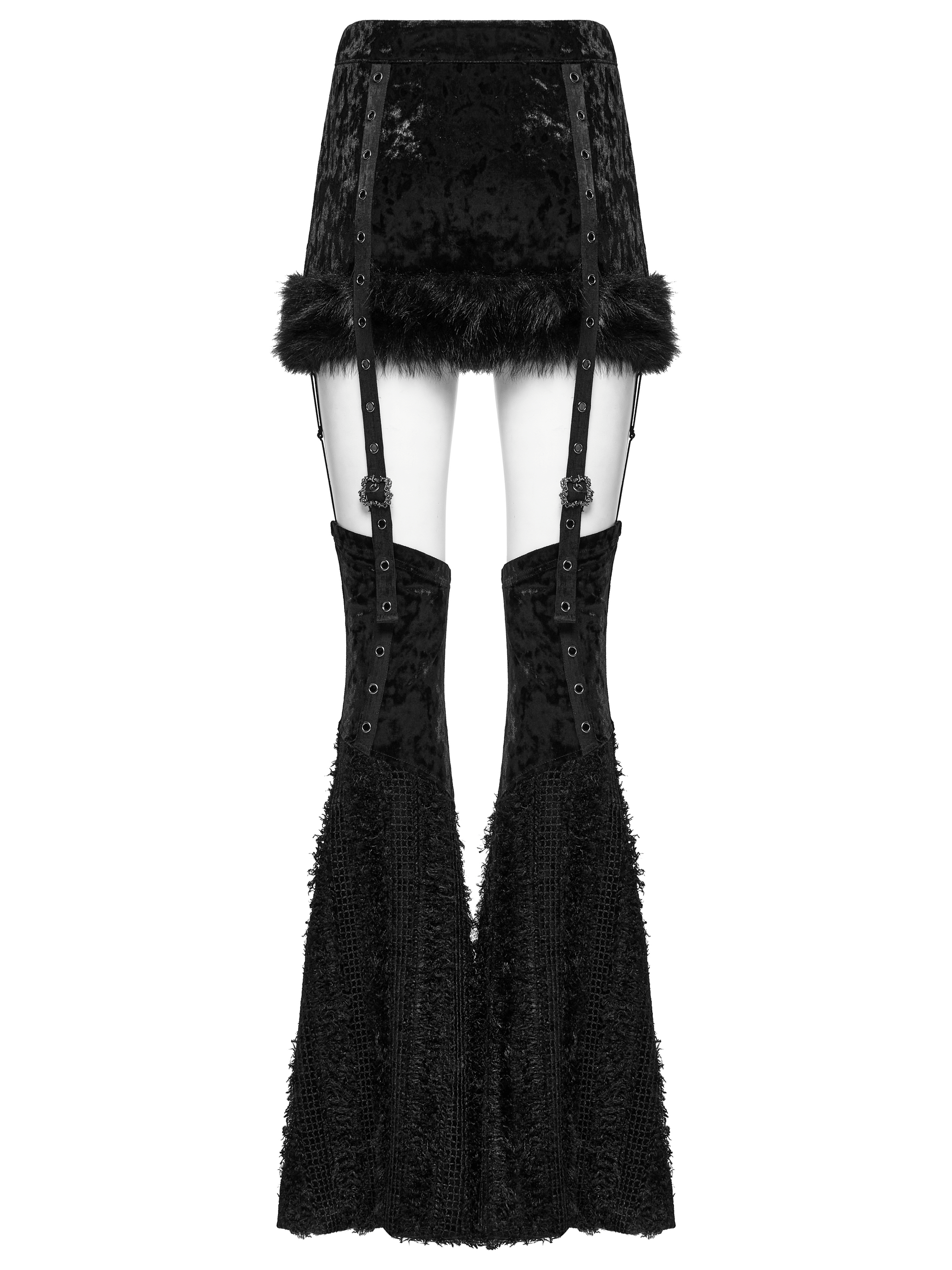 Gothic velvet skirt with fur trim and detachable flare pants featuring edgy straps and buckles in black.