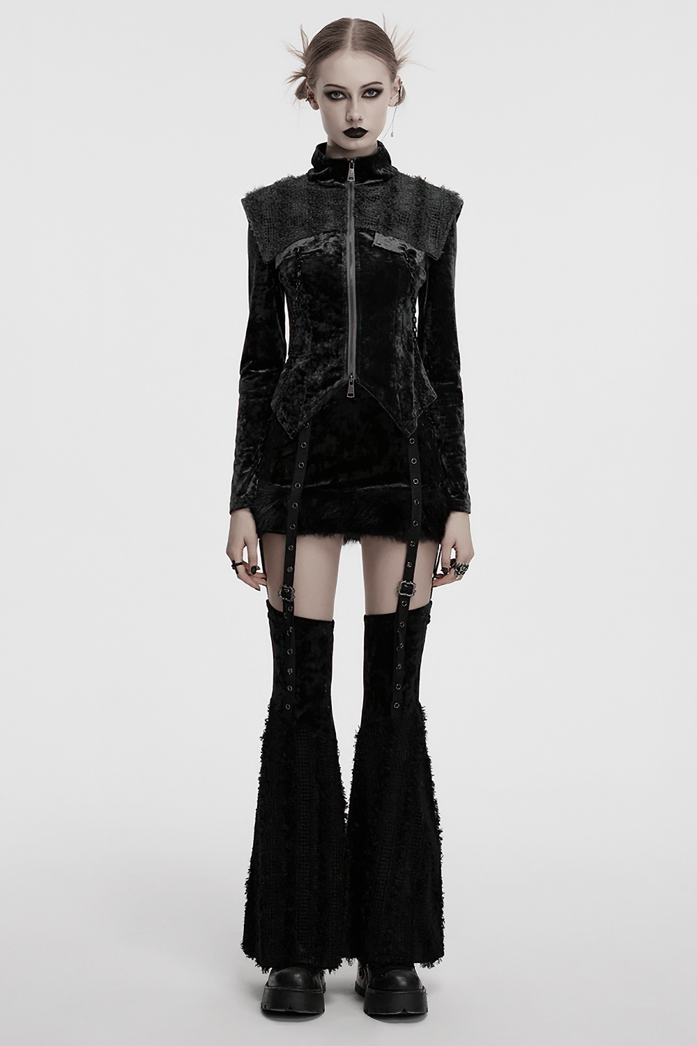 Gothic velvet two-piece set with fur trim, featuring a skirt and detachable flare pants for an edgy look.
