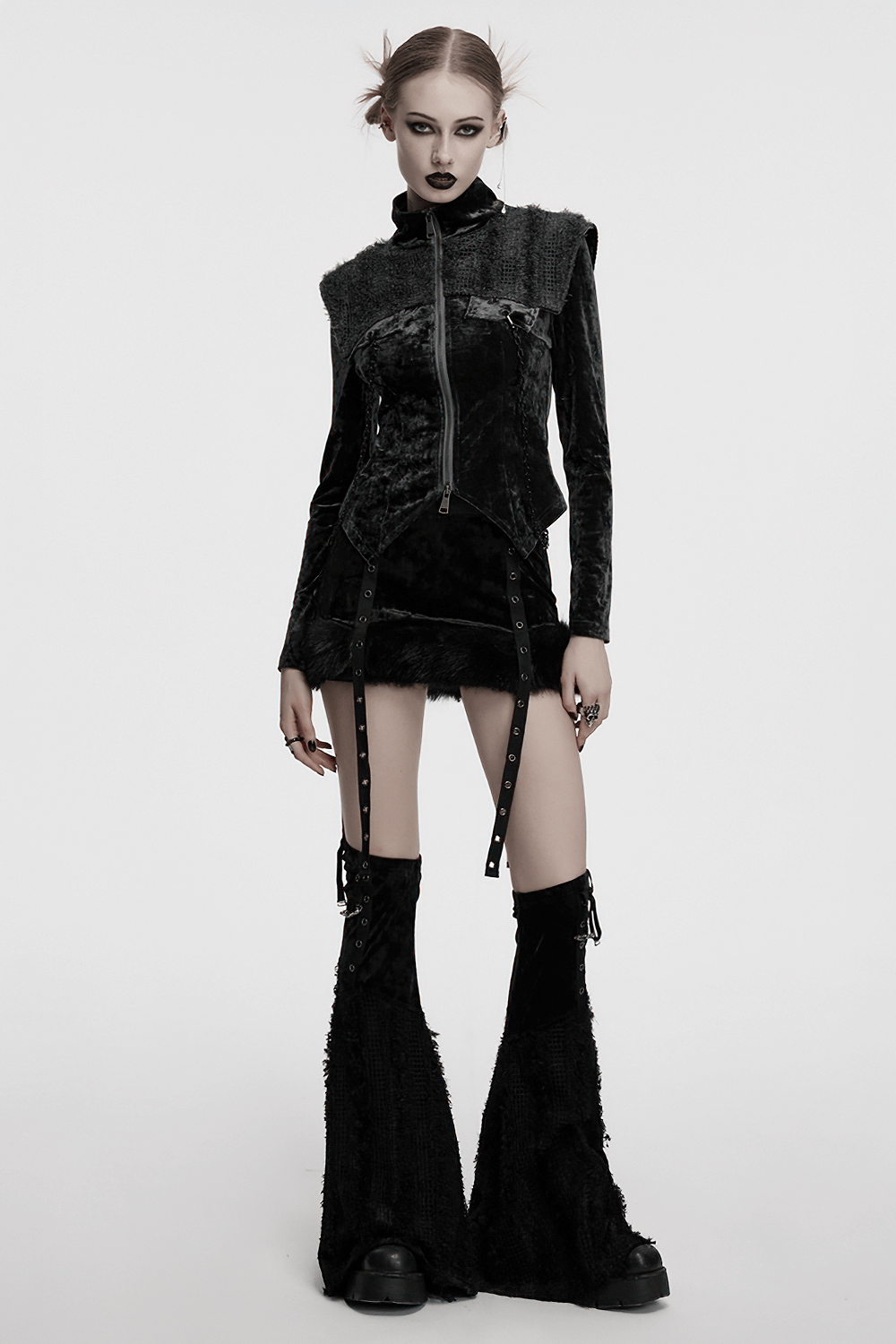 Gothic velvet two-piece set featuring a fitted skirt and detachable flared pants with edgy straps and buckles.