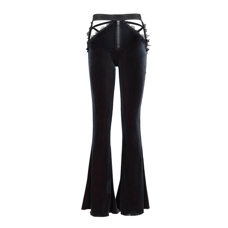 Gothic black velvet flared trousers with lace appliqué details and zipper, perfect for a stylish and elegant look.