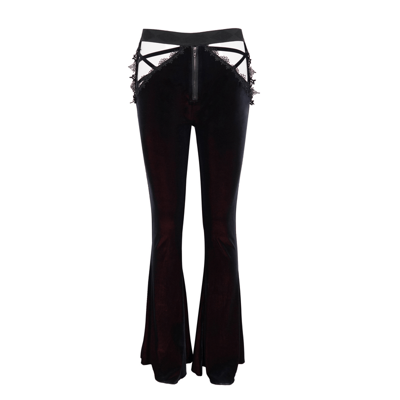 Gothic black velvet flared trousers with lace applique and zipper detailing, showcasing a stylish and elegant design.