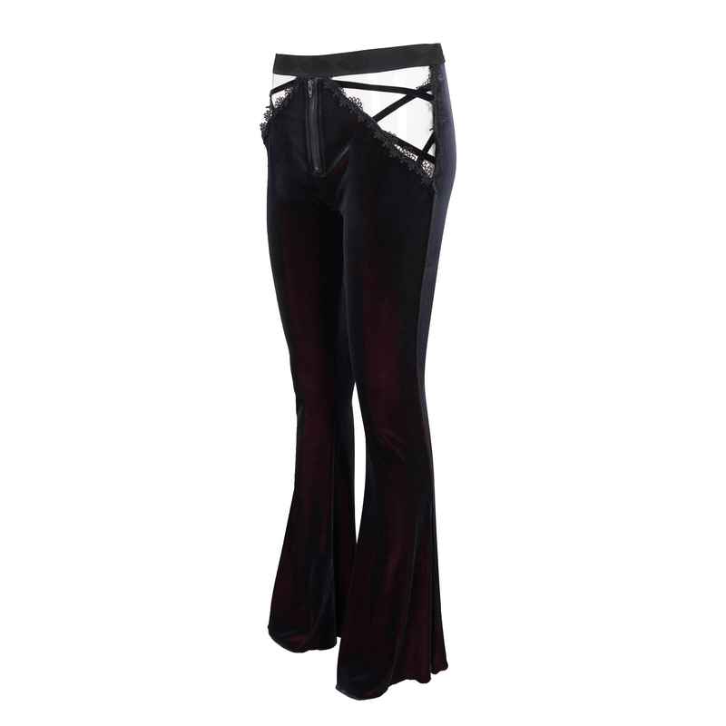 Gothic velvet flared trousers with lace applique, stylish women's black pants for a luxury gothic look.