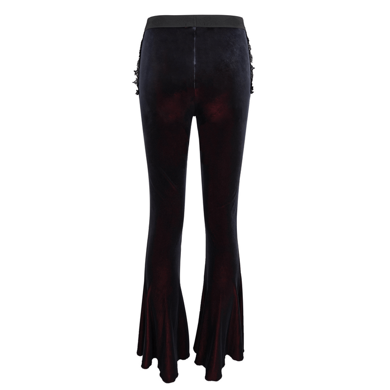 Back view of women's black velvet flared trousers with lace applique detailing for a gothic style.