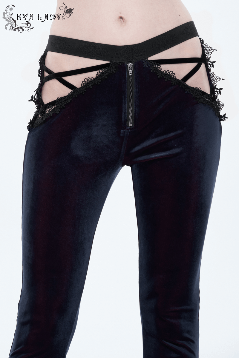 Gothic Velvet Hollow Out Flared Trousers / Sexy Lace Applique Zipper Pants - HARD'N'HEAVY