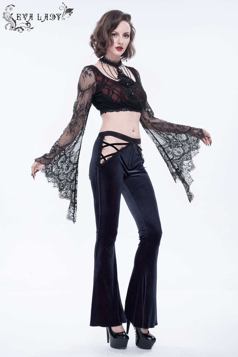 Gothic velvet flared trousers with lace details, styled for a chic and modern look. Perfect for making a bold fashion statement.