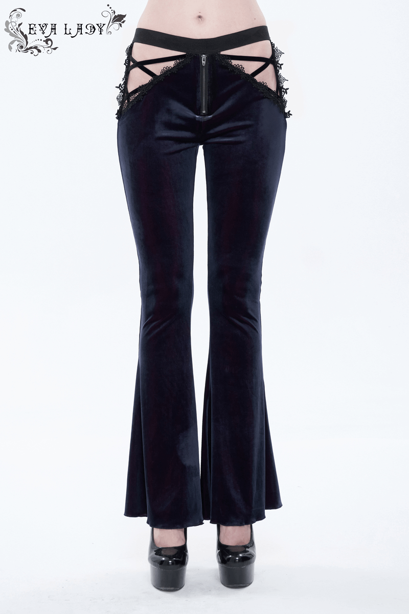 Stylish women's black velvet flared trousers with lace appliques and zipper, perfect for gothic fashion lovers.