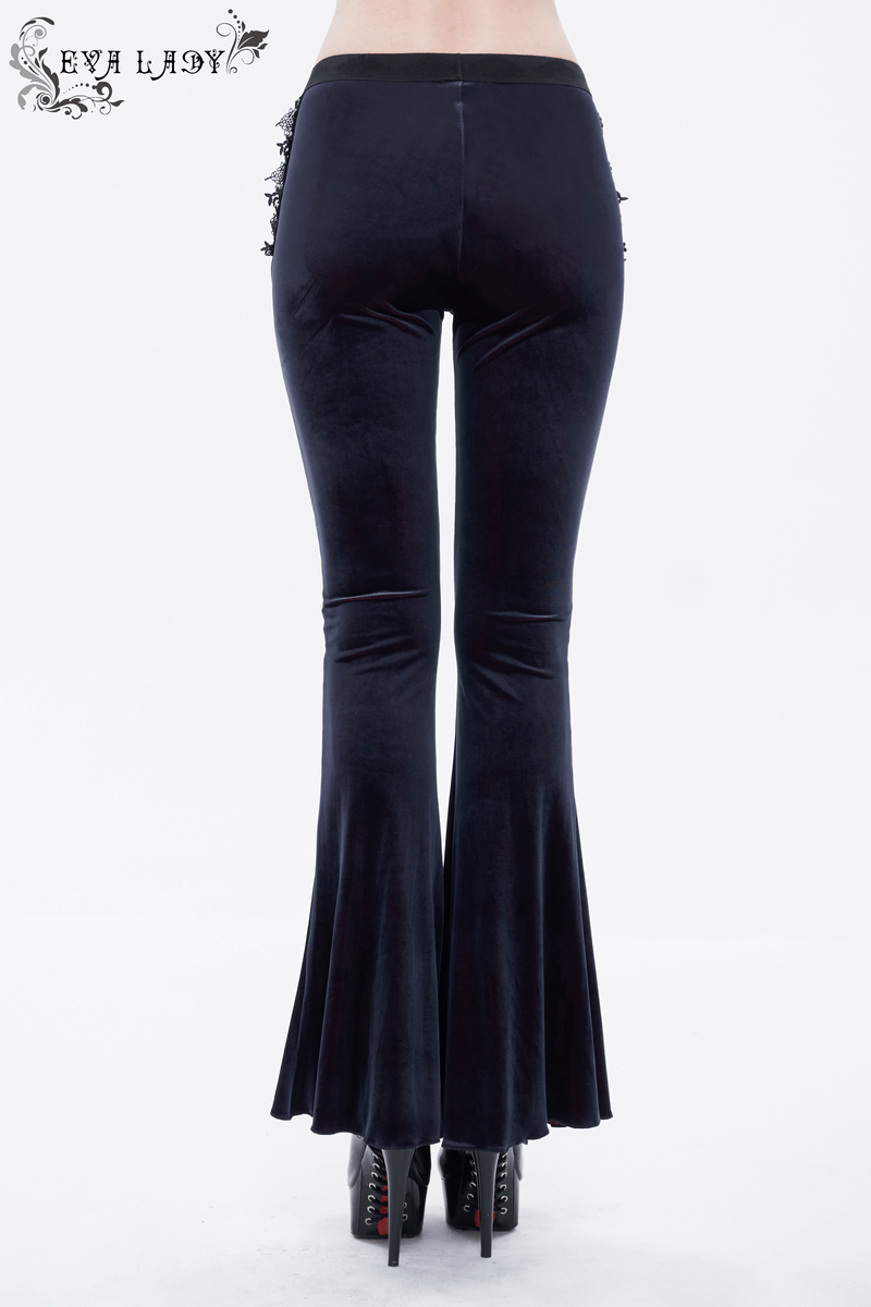 Women's Gothic black velvet flared trousers with lace applique for a stylish and elegant look.