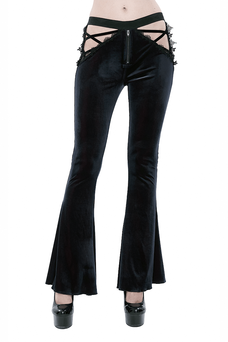 Gothic Velvet Hollow Out Flared Trousers / Sexy Lace Applique Zipper Pants - HARD'N'HEAVY