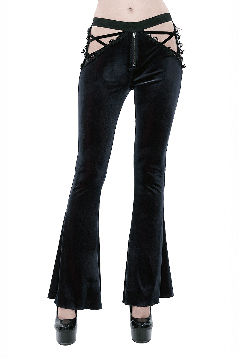 Gothic black velvet flared trousers with lace applique and zipper detail, perfect for a stylish and edgy look.