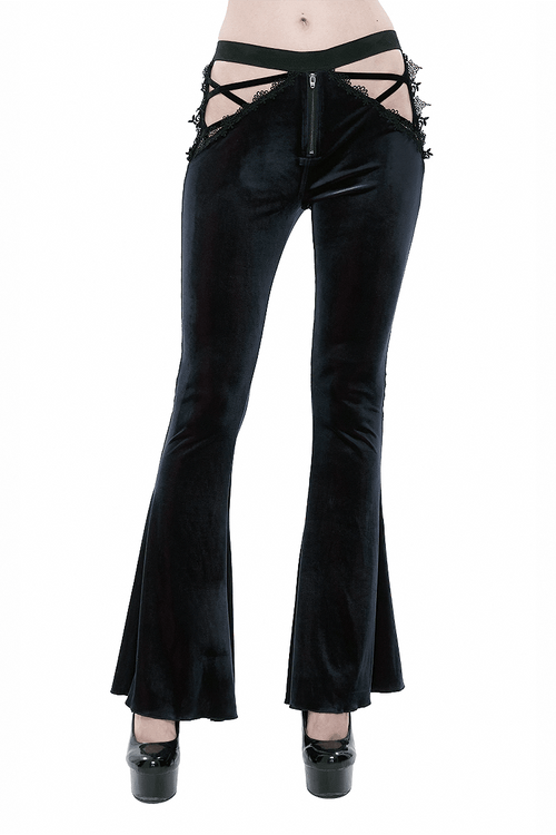 Gothic Velvet Hollow Out Flared Trousers / Sexy Lace Applique Zipper Pants