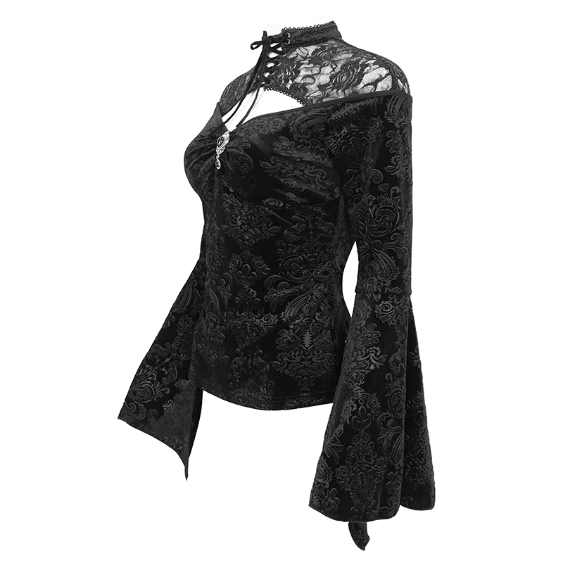 Gothic velvet hollow-out V-neck top with long bell sleeves for women, featuring exquisite lace details.