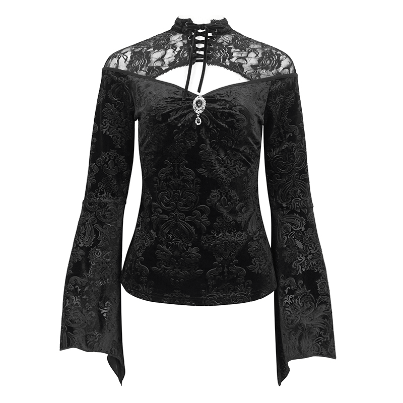 Gothic velvet hollow-out V-neck top with alluring long bell sleeves and lace detailing for women.