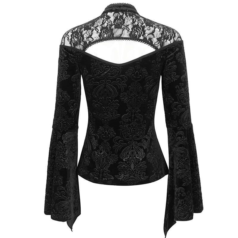 Back view of a gothic velvet hollow-out V-neck top with long bell sleeves in black, showcasing intricate lace detail.