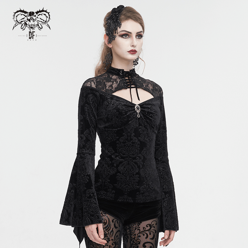 Gothic Velvet Hollow Out V-neck Top with Long Bell Sleeves for Women - HARD'N'HEAVY